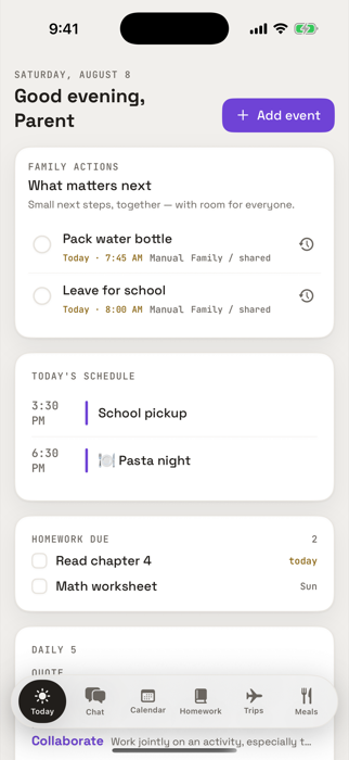 Fam ETC on iPhone: the Today screen showing family actions, today's schedule and homework due, with tabs for Today, Chat, Calendar, Homework, Trips and Meals.